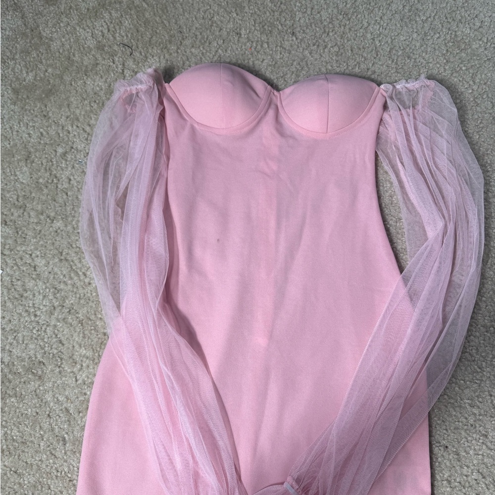 Pink Strapless Dress with Sheer Sleeves